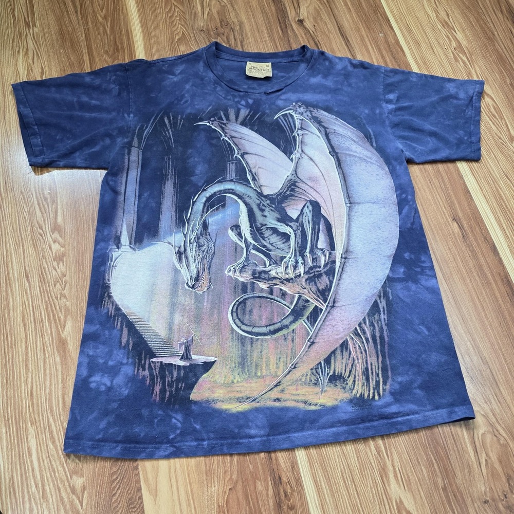 VintageThe Mountain Dragon Wizard Shirt Medium Blue Fantasy Graphic Tie Dye Tee